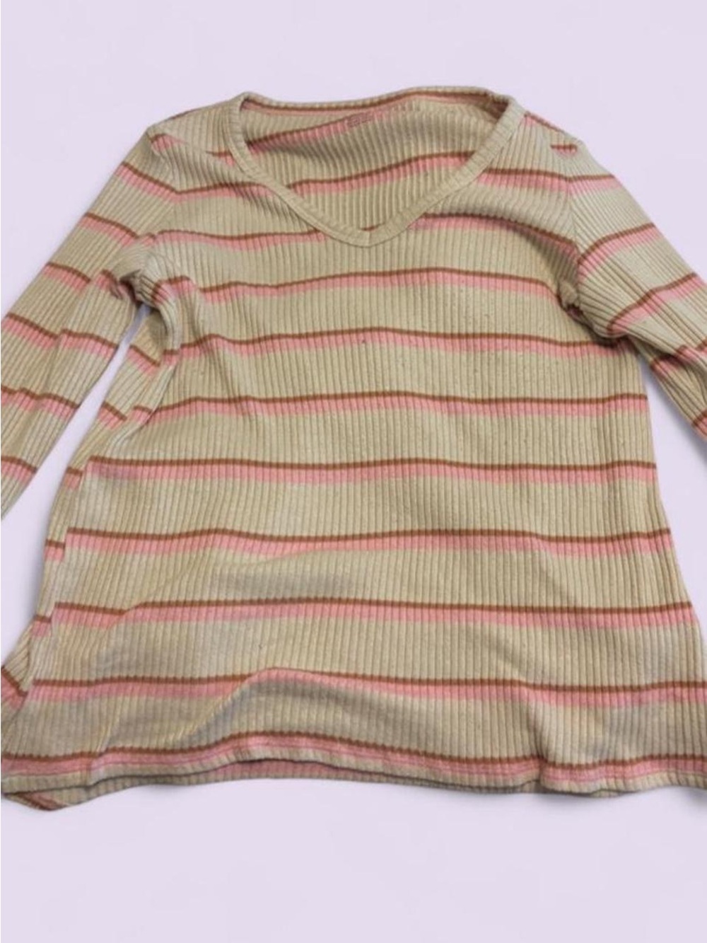 American Eagle Ribbed Striped Long Sleeve Top Pink Beige